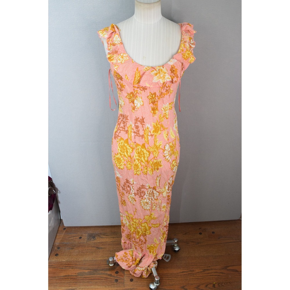 Free People Intimately Remind Me Maxi Dress Small Peach Pink Floral Ruffle Boho